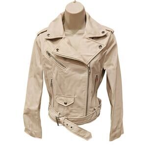 Zara neutral Faux Leather Motorcycle Moto Jacket Zip Up Ecru Beige L w/ belt